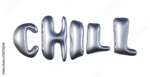 Word Chill written in three-dimensional Y2K glossy chrome blob lettering isolated on transparent background. 3D rendering