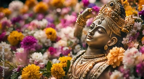 Divine Gaze: Close-Up of Lord Krishna Statue with Falling Flowers photo
