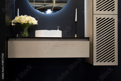 Tablou pe pânză Interior of modern bathroom with counter, sink and mirror