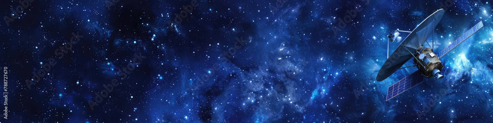 Fototapeta premium A space ship hovers in the vast expanse of the galaxy, surrounded by stars and cosmic dust