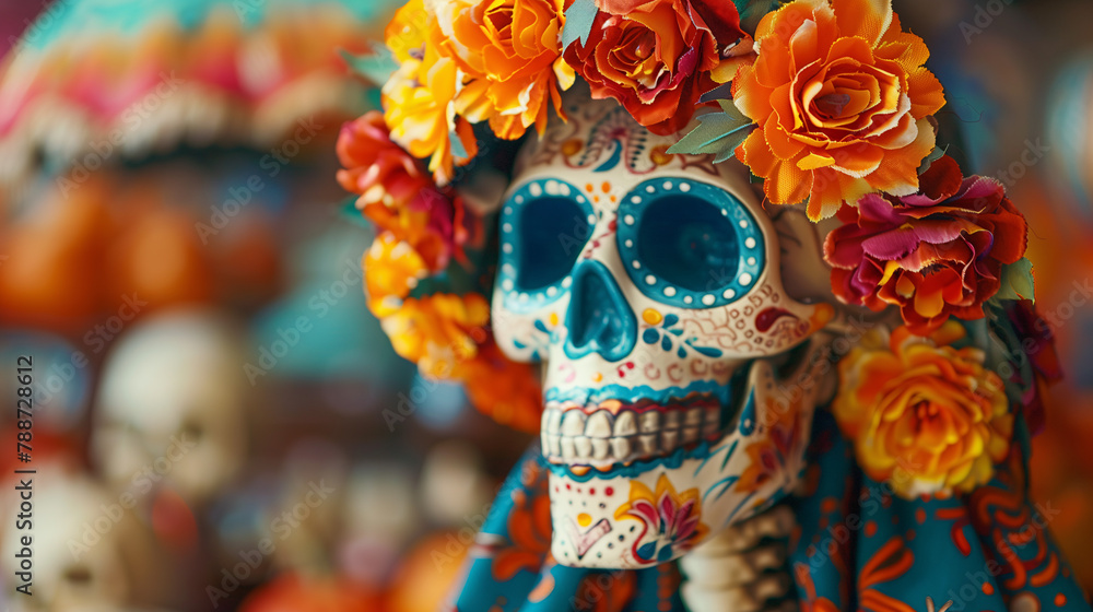 Calavera  mejicana pintada como Catrina en la fiesta de los muertos