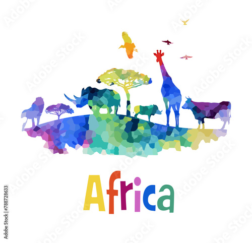 Welcome to Africa poster. Africa abstract animals colored silhouette. hand drawing. Not AI, Vector illustration