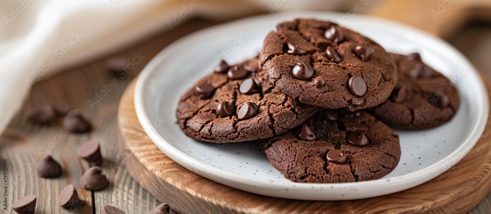 Chocolate cookies made at home on a white plate with a close-up shot. Chocolate cookies made at home on a white plate with a close-up shot.