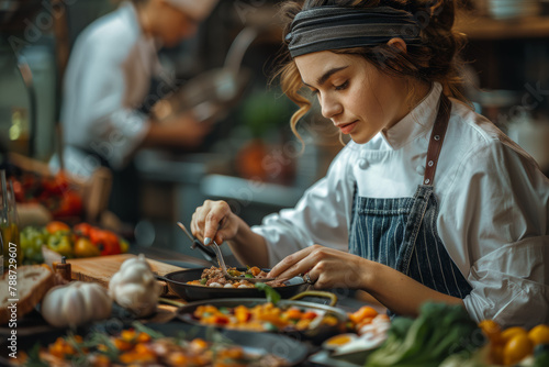 A female chef crafting culinary delights that delight the senses and tantalize the palate. Concept of women in the culinary arts. Generative Ai. photo