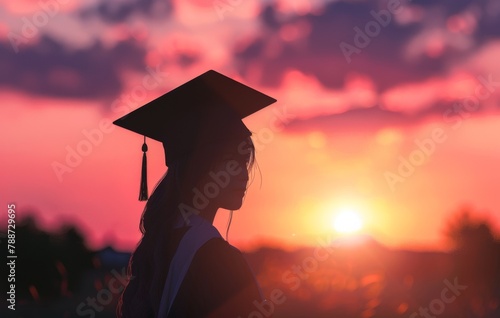 Silhouette of woman wearing graduation cap with sunset in background