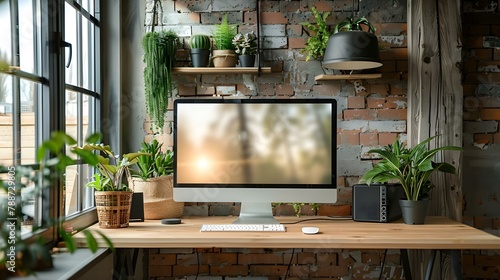 Serene Workspace with Modern Computer and Green Plants. Concept Minimalist Desk Setup  Productivity Tips  Indoor Gardening  Efficient Workspace  Technology Integration