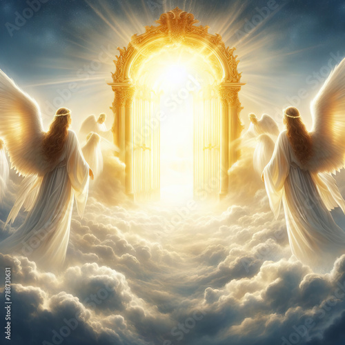 Angels on clouds near shimmering gates at the entrance to the Kingdom of Heaven