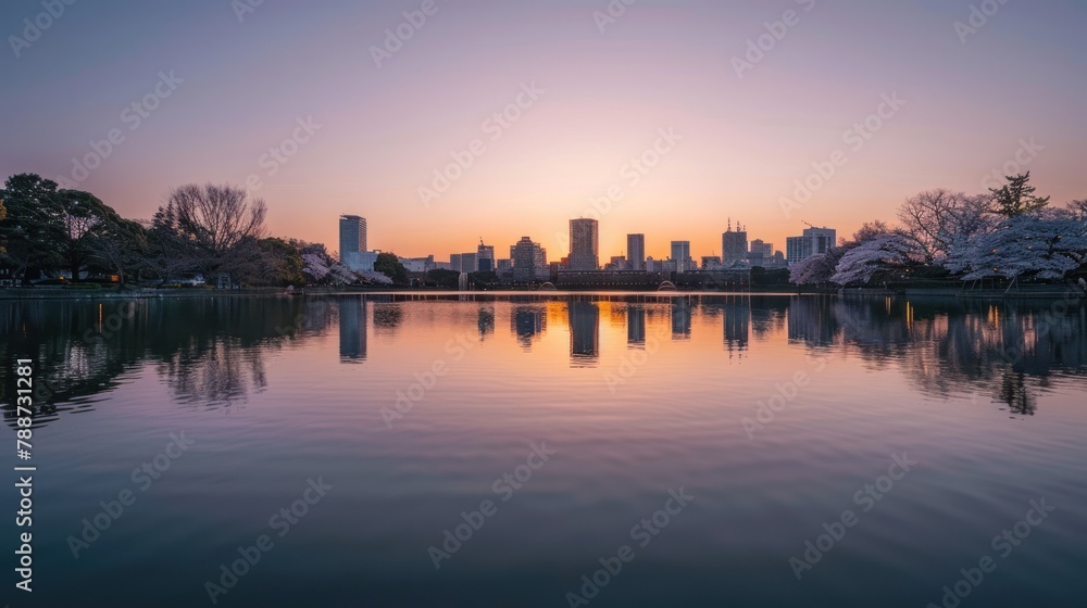 city  is reflected in the pond