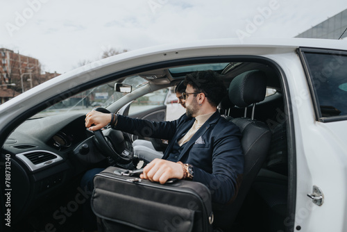 Successful young male entrepreneur with a briefcase driving in an upscale car, reflecting an urban lifestyle.