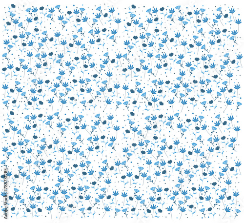 Seamless pattern with blue flowers on white background. Vector illustration.