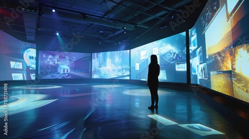 woman stands in front of a wall lined with various screens