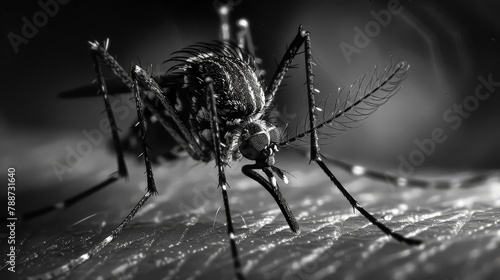 A black and white photo of a mosquito with its head down. The photo has a mood of seriousness and a sense of danger photo