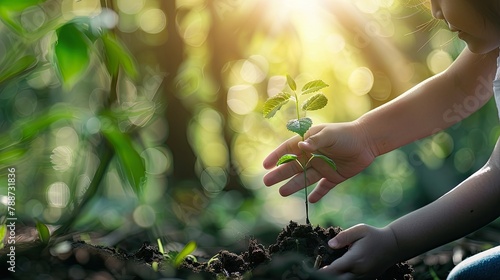 In a blurred green nature backdrop a mother and child clasp hands around a young plant embodying the essence of environmental consciousness ecology and Earth Day celebration