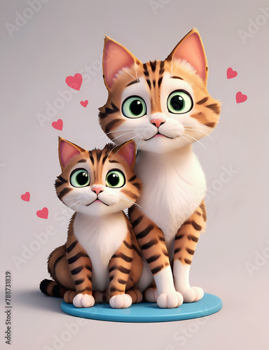 Large and small striped cats in 3D graphics style