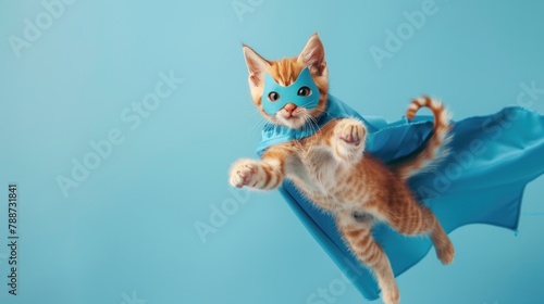 orange cat with a blue cloak and mask jumping © pector