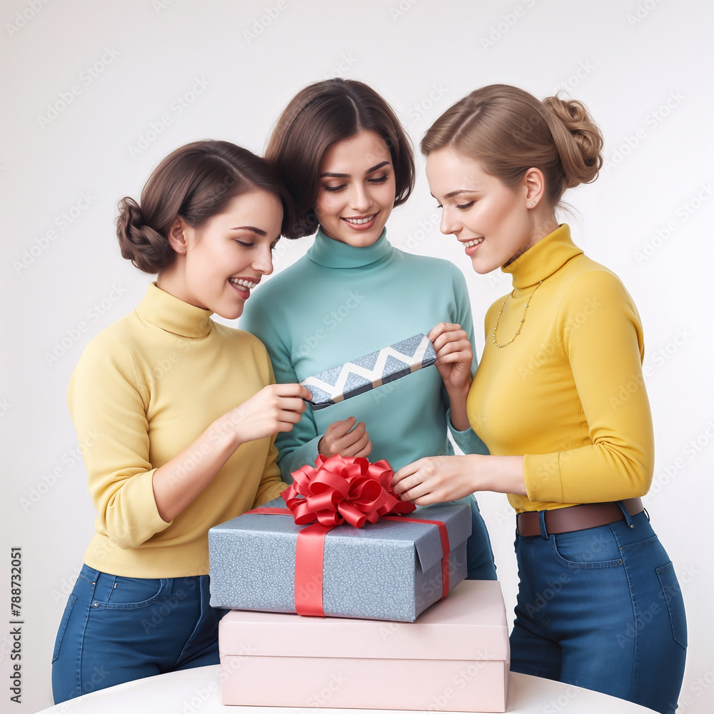 Gifts tied with red ribbon with bow, young happy women watching gift, neutral beige background Gifts tied with red ribbon with bow, young happy women watching gift, neutral beige background