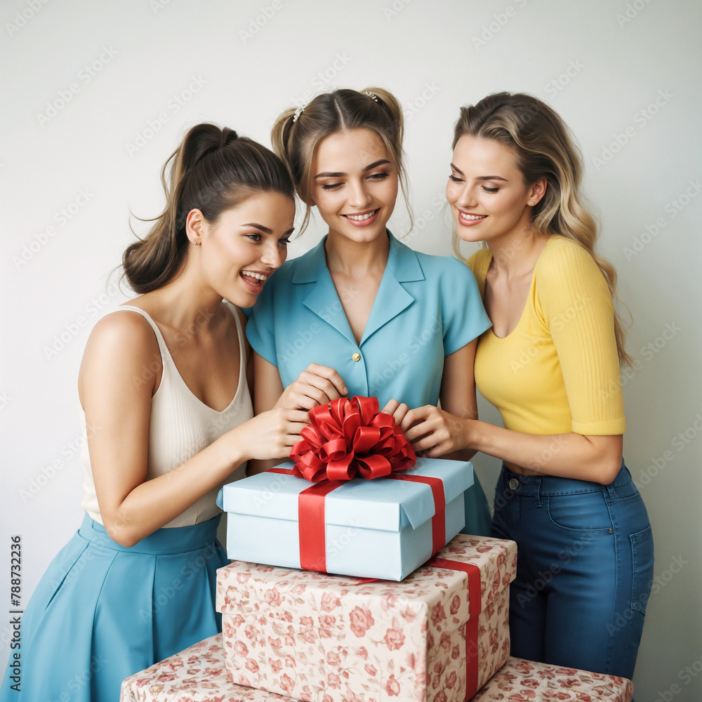 Gifts tied with red ribbon with bow, young happy women watching gift, neutral beige background Gifts tied with red ribbon with bow, young happy women watching gift, neutral beige background