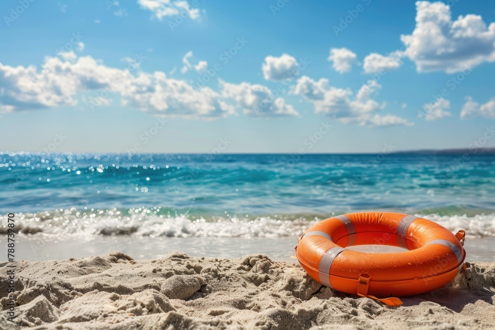 beach. sea, blue water. orange lifebuoy. Vacation. Rest. Journey. advertising of tours.