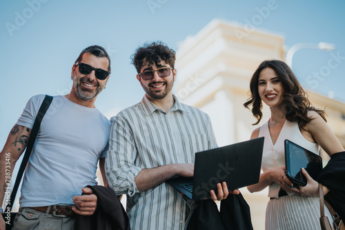 Fototapeta Naklejka Na Ścianę i Meble -  A diverse group of business professionals smiling and standing together outdoors, holding laptops and tablets.