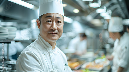 portrait of asian male chef, wearing his white uniform in hotel kitchen, copy space
