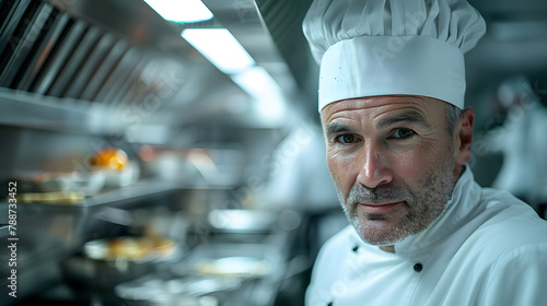 portrait of happy male chef, wearing his white uniform in hotel kitchen, copy space