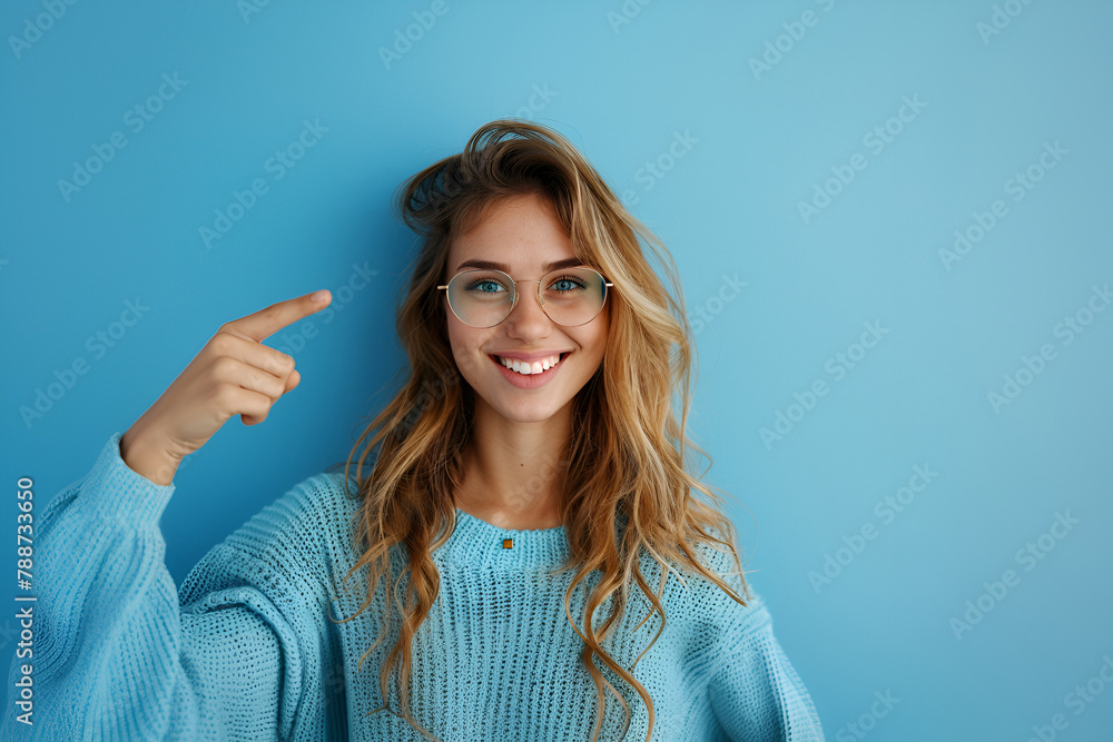 Portrait of young funny woman brown curls direct finger empty space shocked see secrets isolated on blue color background Portrait of young funny woman brown curls direct finger empty space shocked see secrets isolated on blue color background