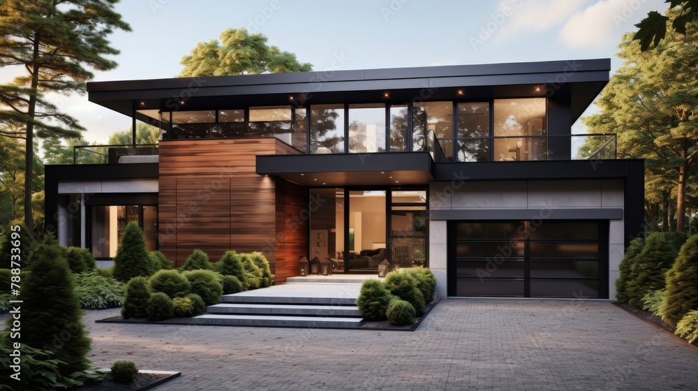 Modern house with large windows and garage Modern house with large windows and garage