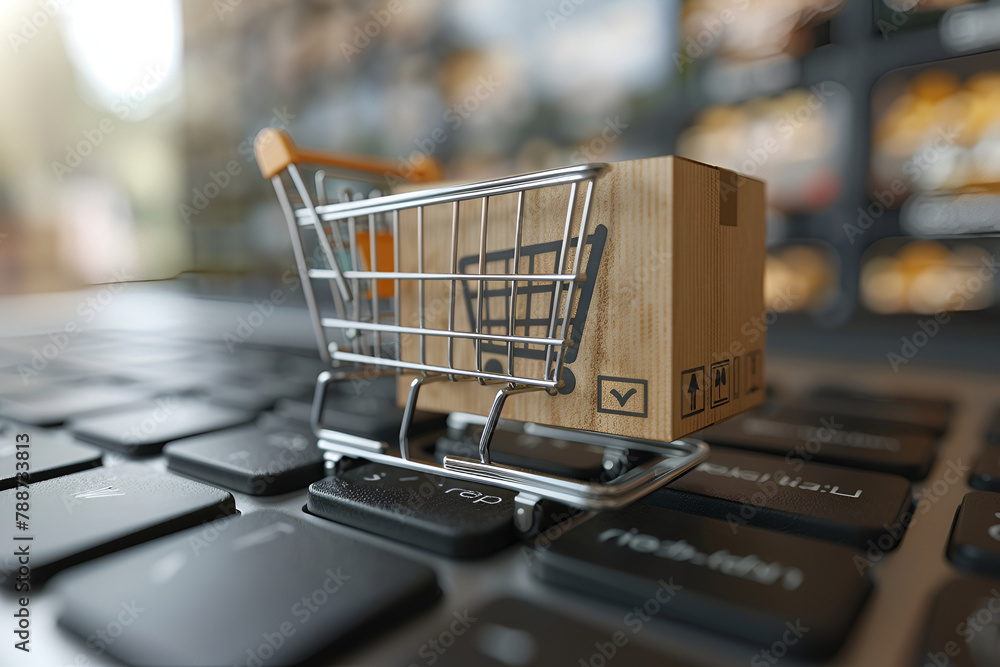 © Gonzalo - Shopping online. Cardboard box with a shopping cart logo in a trolley on a laptop keyboard payment by credit card and offers home delivery © Gonzalo - Shopping online. Cardboard box with a shopping cart logo in a trolley on a laptop keyboard payment by credit card and offers home delivery