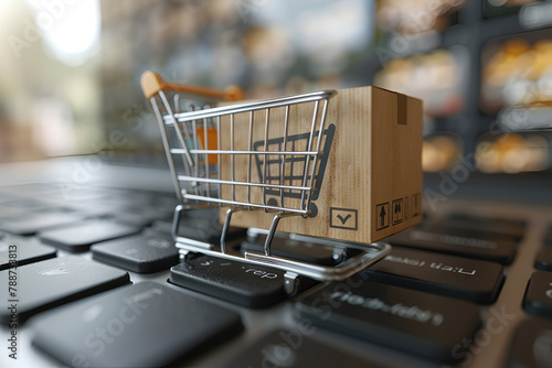 Shopping online. Cardboard box with a shopping cart logo in a trolley on a laptop keyboard payment by credit card and offers home delivery