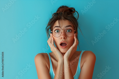 woman bringing her hands to her face with a surprised expression, against a flat blue background photo