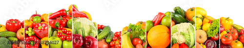 Wide panorama healthy fruits and vegetables separated by vertical lines on white © Serghei V