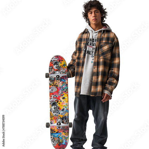 Young skateboarder posing with colorful skateboard in casual outfit © Mustafa