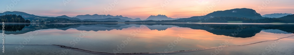 Fototapeta premium Golden Hour at Calm Mountain Lake Panorama