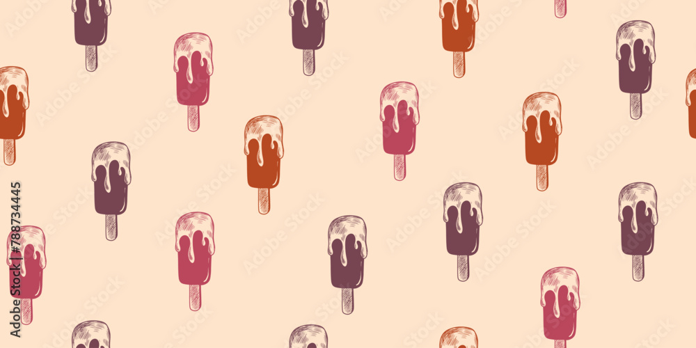 Fototapeta premium Seamless pattern with melting ice cream isolated on beige background. Summer background with cold dessert