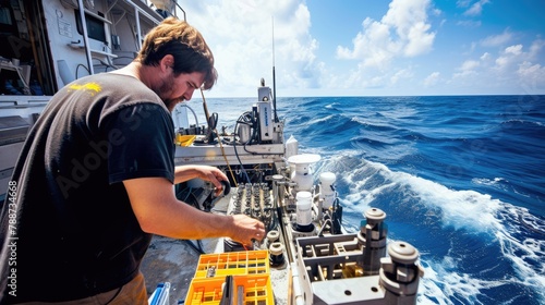 A marine scientist examines water samples on a research vessel, conducting environmental analysis on the open sea. AIG41