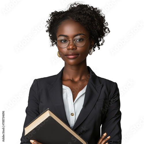 Professional African American woman holding book confidently © Mustafa