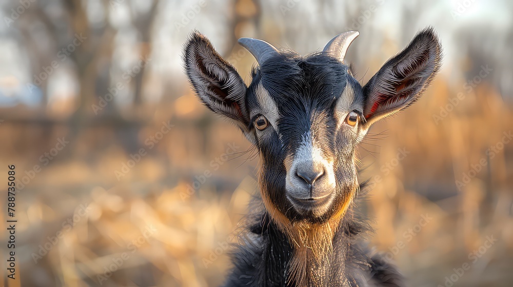 a goat with horns looks at the camera.