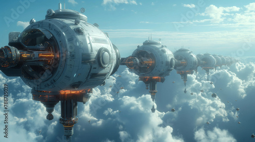 spaceship flying over the earth, a row of futuristic space stations, floats above the clouds, advanced technology and human innovation