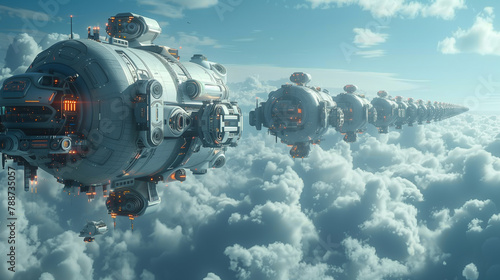 A row of futuristic space stations, floats above the clouds, advanced technology and human innovation