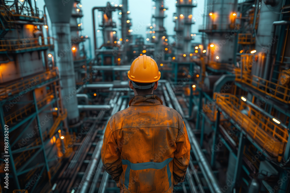 Worker overlooking industrial plant at night Worker overlooking industrial plant at night