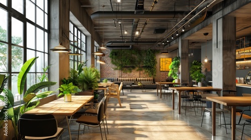 Modern cafe interior with greenery and natural light