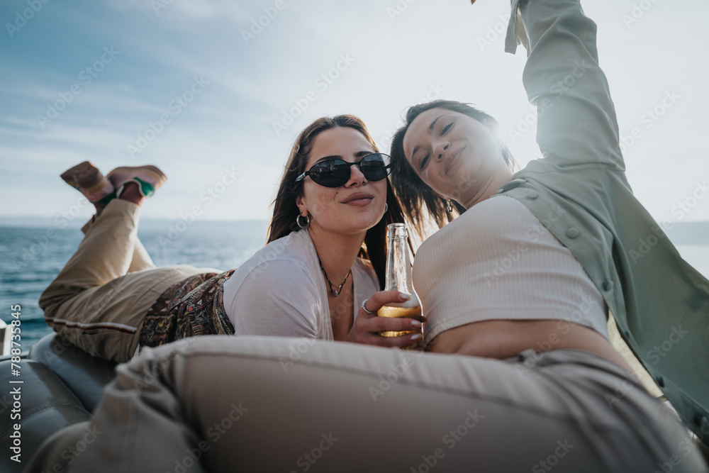 Two adult friends enjoy a carefree relaxation time while sharing a drink on a boat trip, basking in the warm glow of the day.