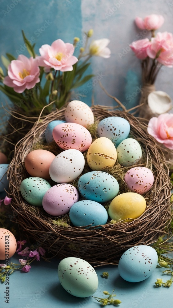 Collection of delicately painted easter eggs nestles within woven confines of rustic birds nest, surrounded by tender blossoms of spring flowers. Eggs, adorned in pastel hues of pink, blue, green,.