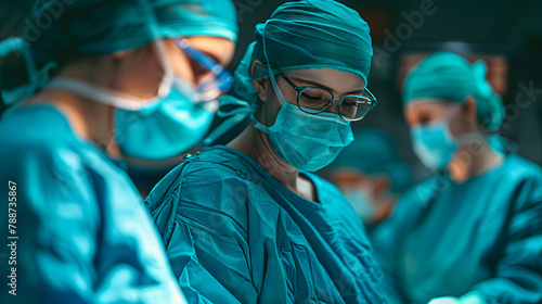 Focused female surgeon in the midst of a surgical operation, with her team assisting in the background. The image captures the intensity and precision required in the operating room.