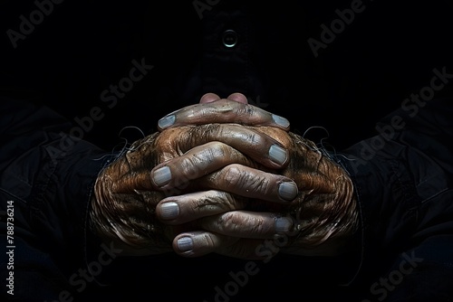 Hands Clasped in Prayer or Contemplation Against Black Background