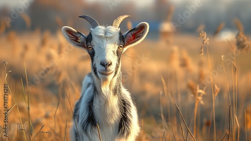 A goat standing in a field with a blurry background.