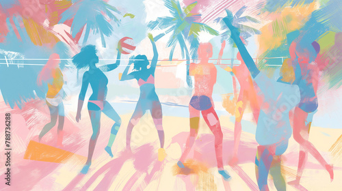 Vibrant beach volleyball match with dynamic brush strokes