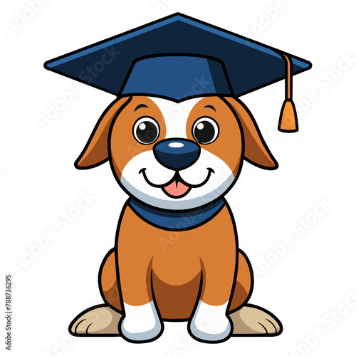 A cute cartoon dog is wearing a graduation cap and smiling.