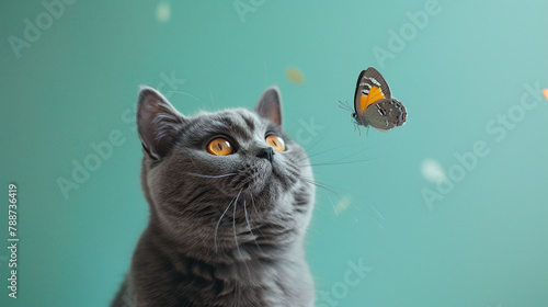 Gray cat observing a butterfly on a teal background. Natural instinct and animal interaction concept for design and print, A chubby British Short-hair cat photo