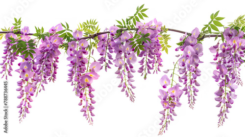 branch of beautiful hanging purple wisteria flowers white background photo